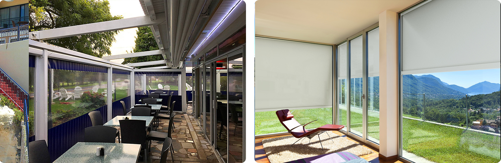 Zip-Roll Retractable Shades are a cassette with a roll-up curtains designed to provide wind and rain protection. They are perfect for vertical openings in pergolas, patios, verandas and windows in general.