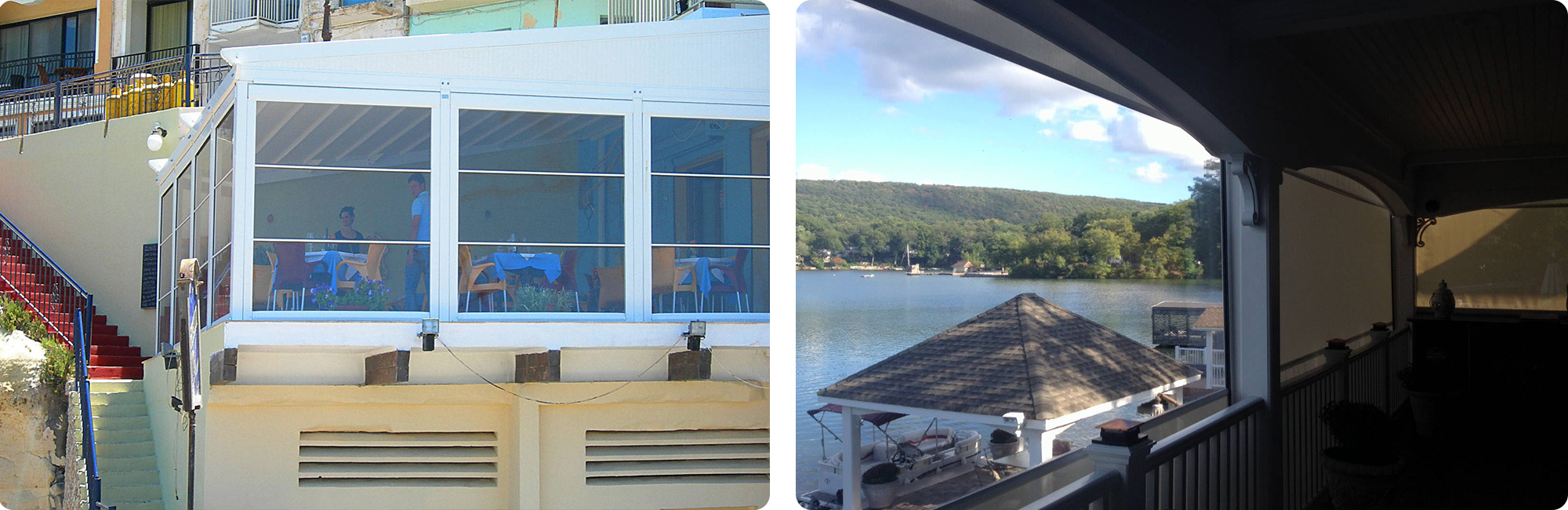 Vista Retractable Shades are cassette retractable curtains for wind and rain protection. Opens vertically on pergolas, patios and windows. East Coast Mid-Atlantic region. 