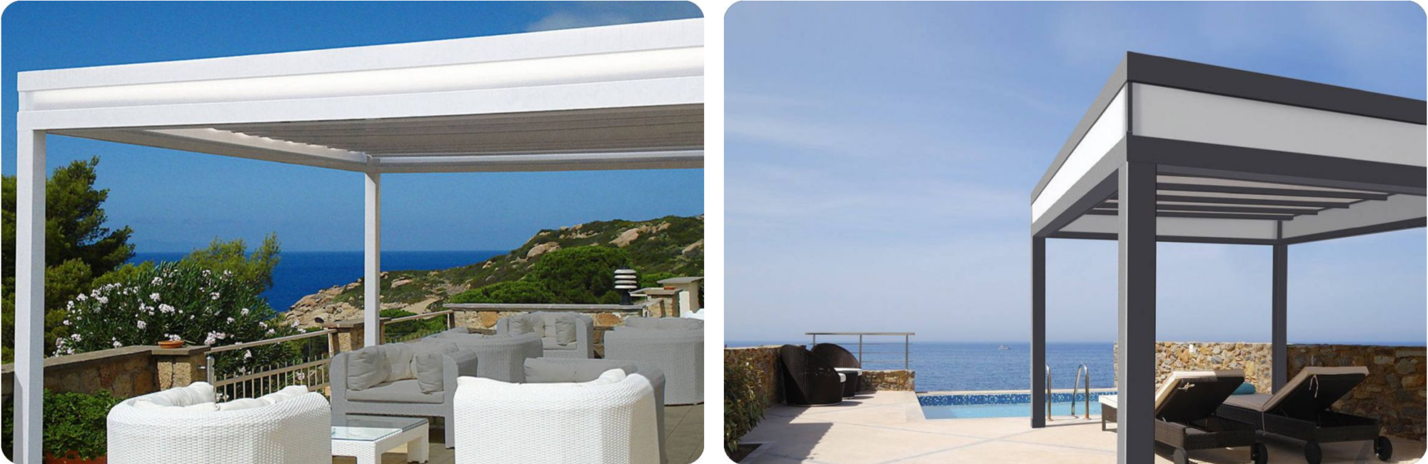 A waterproof shading system that combines the ingenuity of a retractable Flute system with the independence of a self-standing patio pergola.