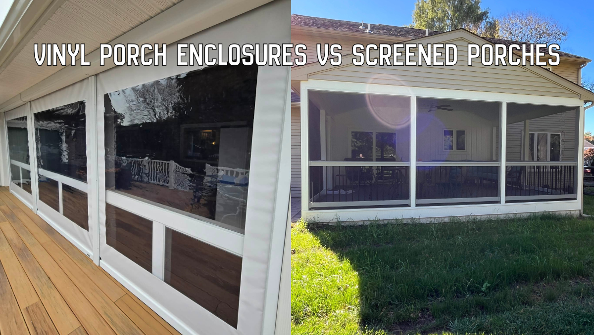 Side-by-side comparison of vinyl porch enclosures and a screened porch on a Maryland Eastern Shore home showing clear vinyl panels versus mesh screening.