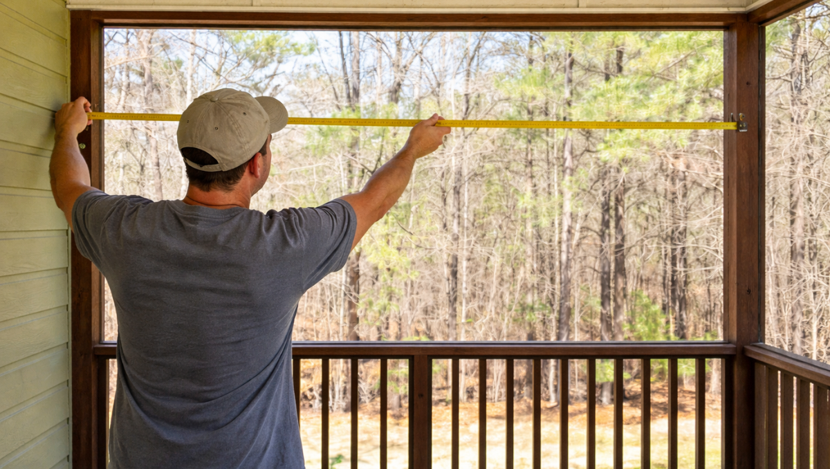 measuring outdoor porch opening with tape measure