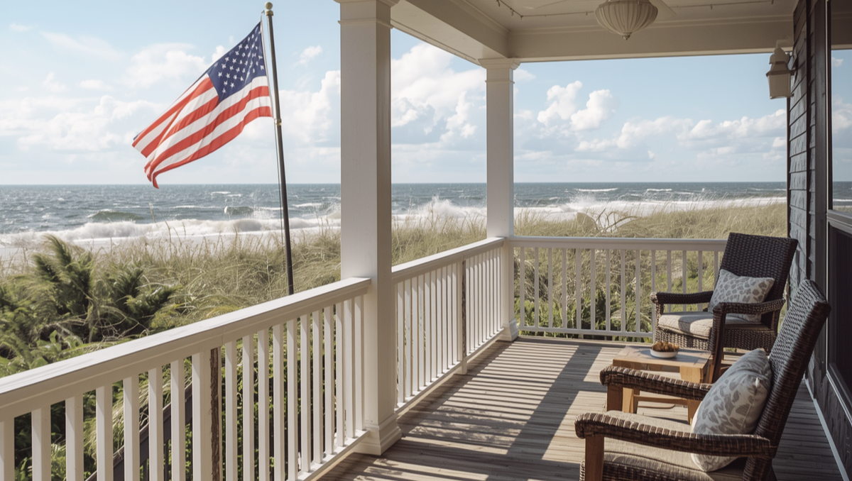 Open coastal porch overlooking beach dunes and ocean waves with American flag blowing strongly in windy conditions.