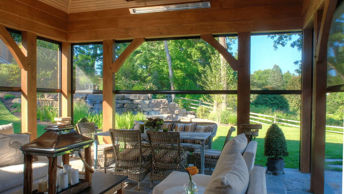Outdoor patio screens creating a comfortable bug-free porch seating area on the Eastern Shore