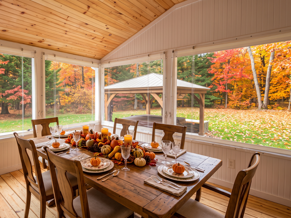 Family dining table beautifully decorated for Thanksgiving inside a clear vinyl porch enclosure with colorful autumn trees outside.
