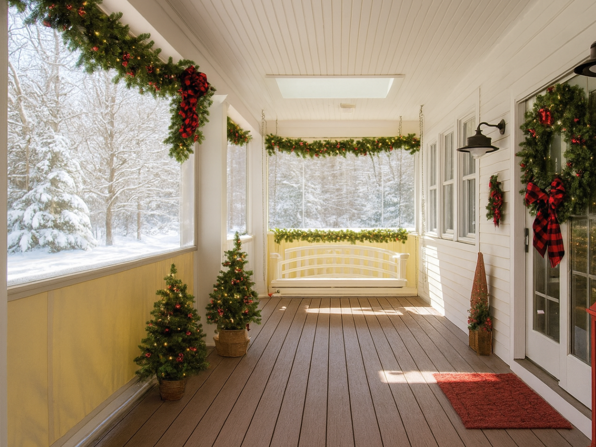 Bright enclosed porch featuring Christmas décor and snowy outdoor views through clear vinyl panels.