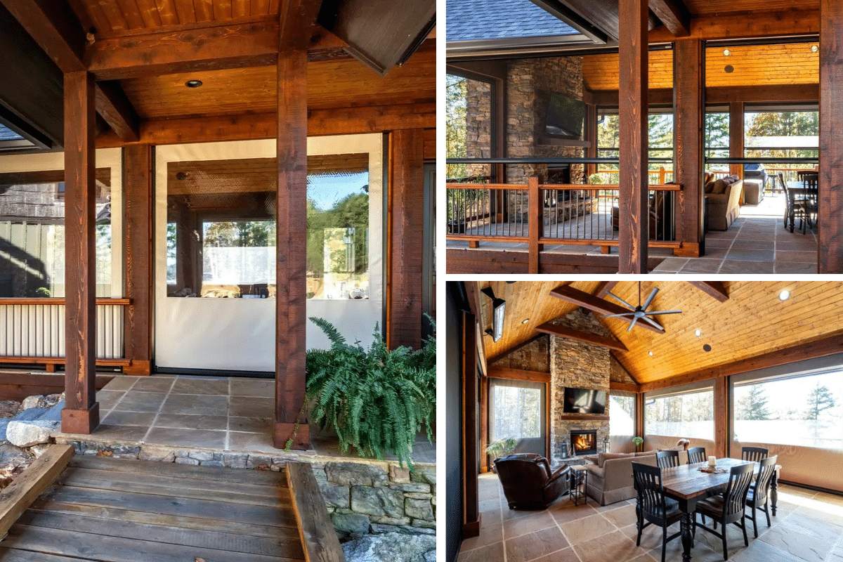 Motorized clear panels surrounding a covered outdoor living space